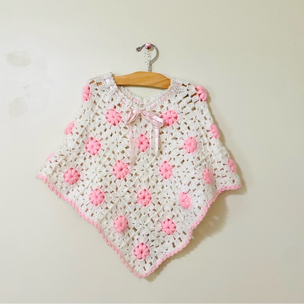 Vintage Handmade Crochet Cape Sweater Shawl White Pink Knit Childs Girls Small